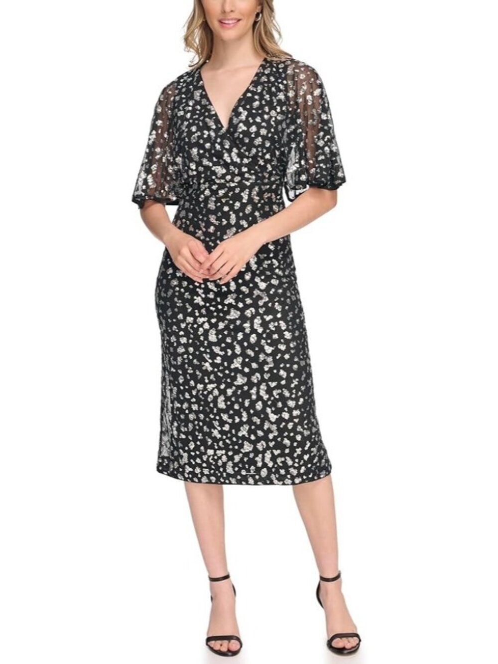 Kensie Dress Size 2 Black Silver Sequin Gorgeous V-Neck Flutter Sleeve Party NEW